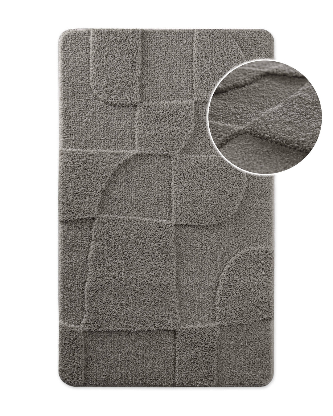 Badteppich von BathKing by WECONhome Davie Grau, Draufsicht mit Detailkreis der Florstruktur und eingeprägtem Muster auf weißem Hintergrund