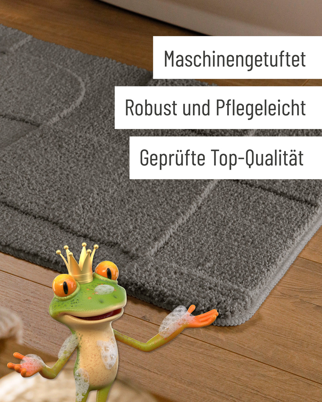 Badteppich Davie Basalt Grau Detail der Teppichkante auf Holzfußboden, eingeblendete Hinweise zu Verarbeitung und Pflege