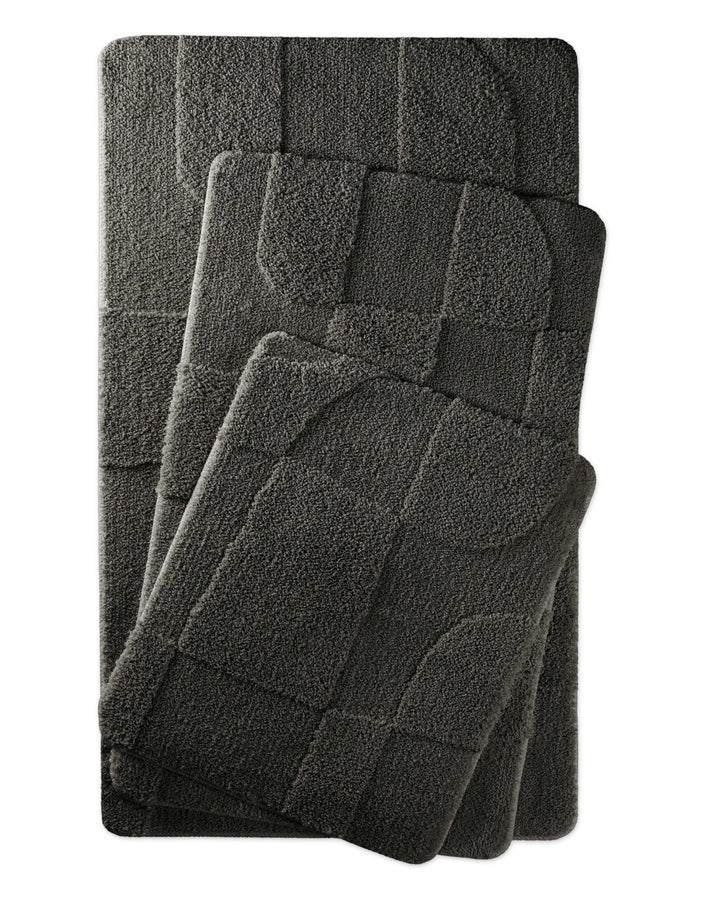 Badteppich Davie Anthrazit Grau zwei rechteckige Matten übereinander gelegt, Draufsicht mit geometrischem Reliefmuster