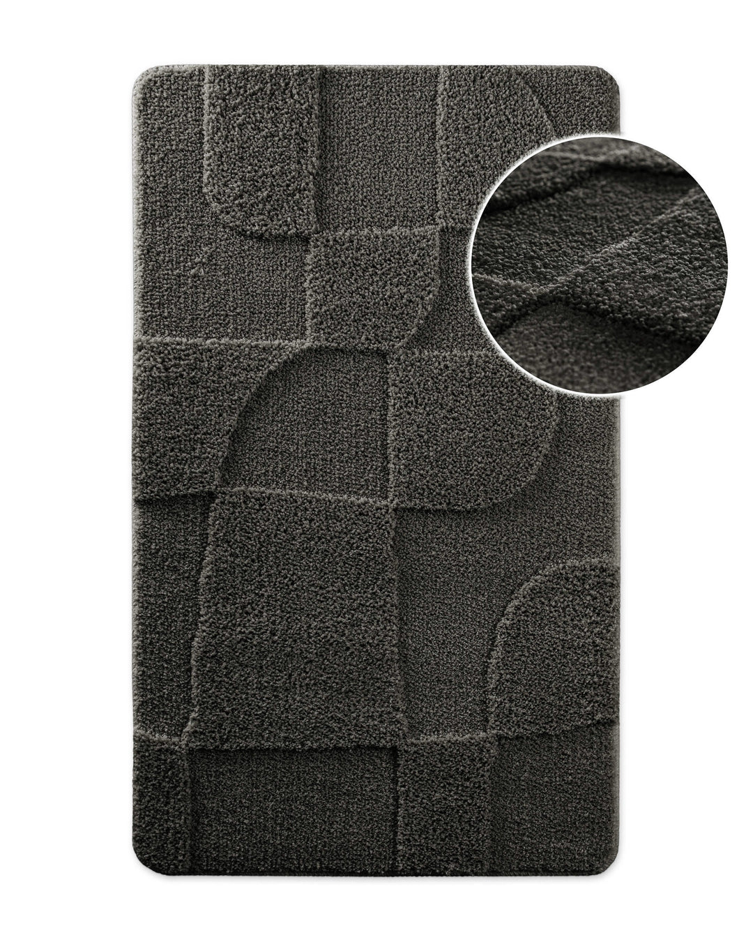 Badteppich von BathKing by WECONhome Davie Dunkelgrau, Draufsicht mit Detailkreis der Florstruktur und eingeprägtem Muster auf weißem Hintergrund