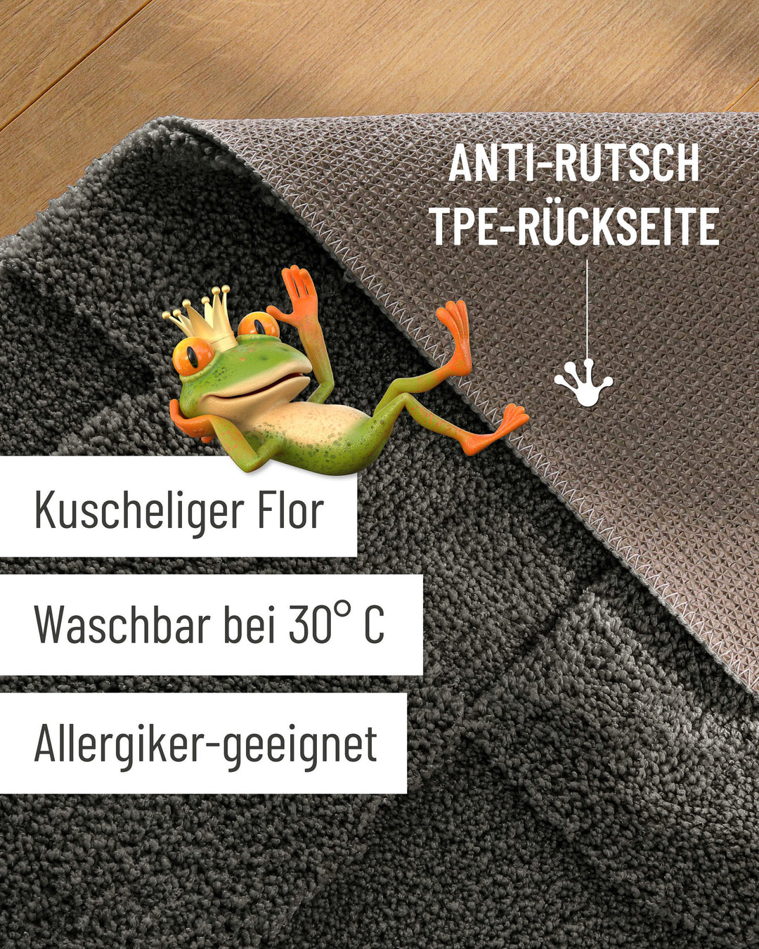 Badteppich Davie Anthrazit Grau Detailaufnahme Flor auf Holzfußboden, eingeblendete Hinweise zu rutschhemmender Rückseite und Waschbarkeit