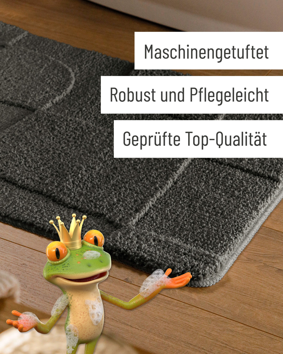 Badteppich Davie Anthrazit Grau Detail der Teppichkante auf Holzfußboden, eingeblendete Hinweise zu Verarbeitung und Pflege