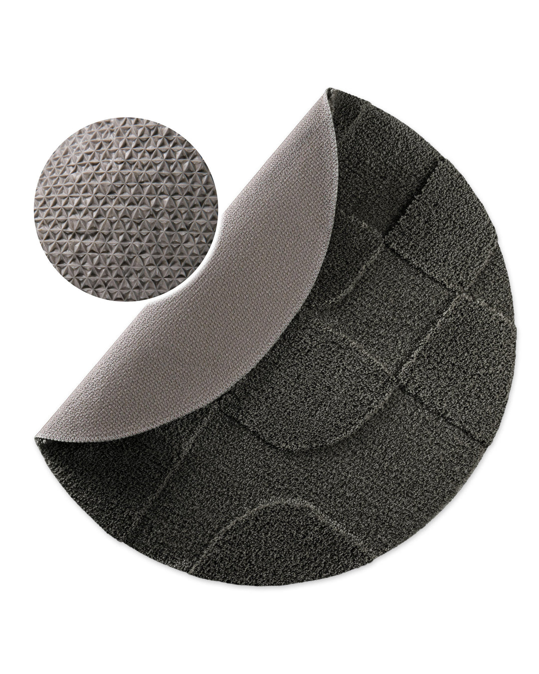Badteppich Davie Anthrazit Grau rund, angehobene Ecke zeigt Anthrazit Graue Rückseite mit rutschhemmender Beschichtung