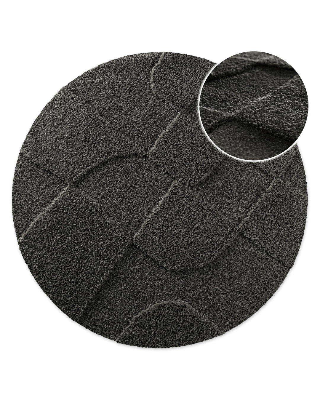 Badteppich Davie Anthrazit Grau rund, Draufsicht mit Detailkreis der Florstruktur und eingeprägtem Linienmuster auf hellem Hintergrund