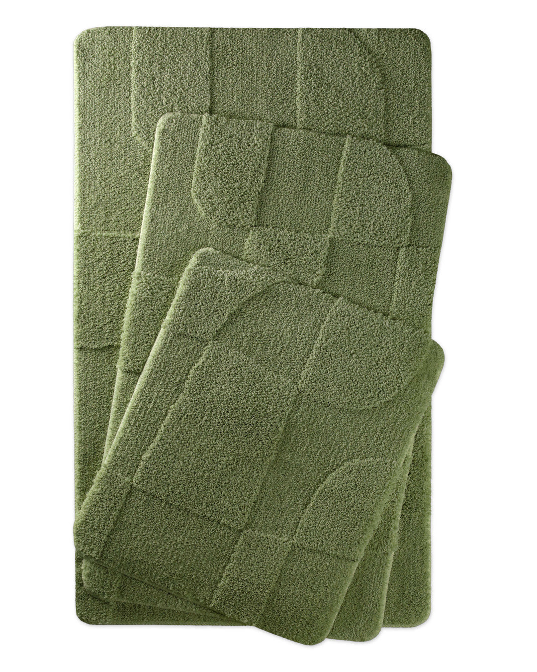 Badteppich Davie Reseda Grün zwei rechteckige Matten übereinander gelegt, Draufsicht mit geometrischem Reliefmuster