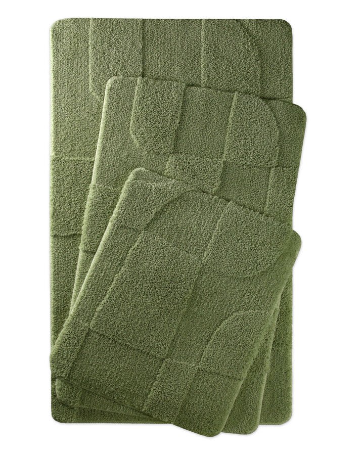 Badteppich Davie Reseda Grün zwei rechteckige Matten übereinander gelegt, Draufsicht mit geometrischem Reliefmuster