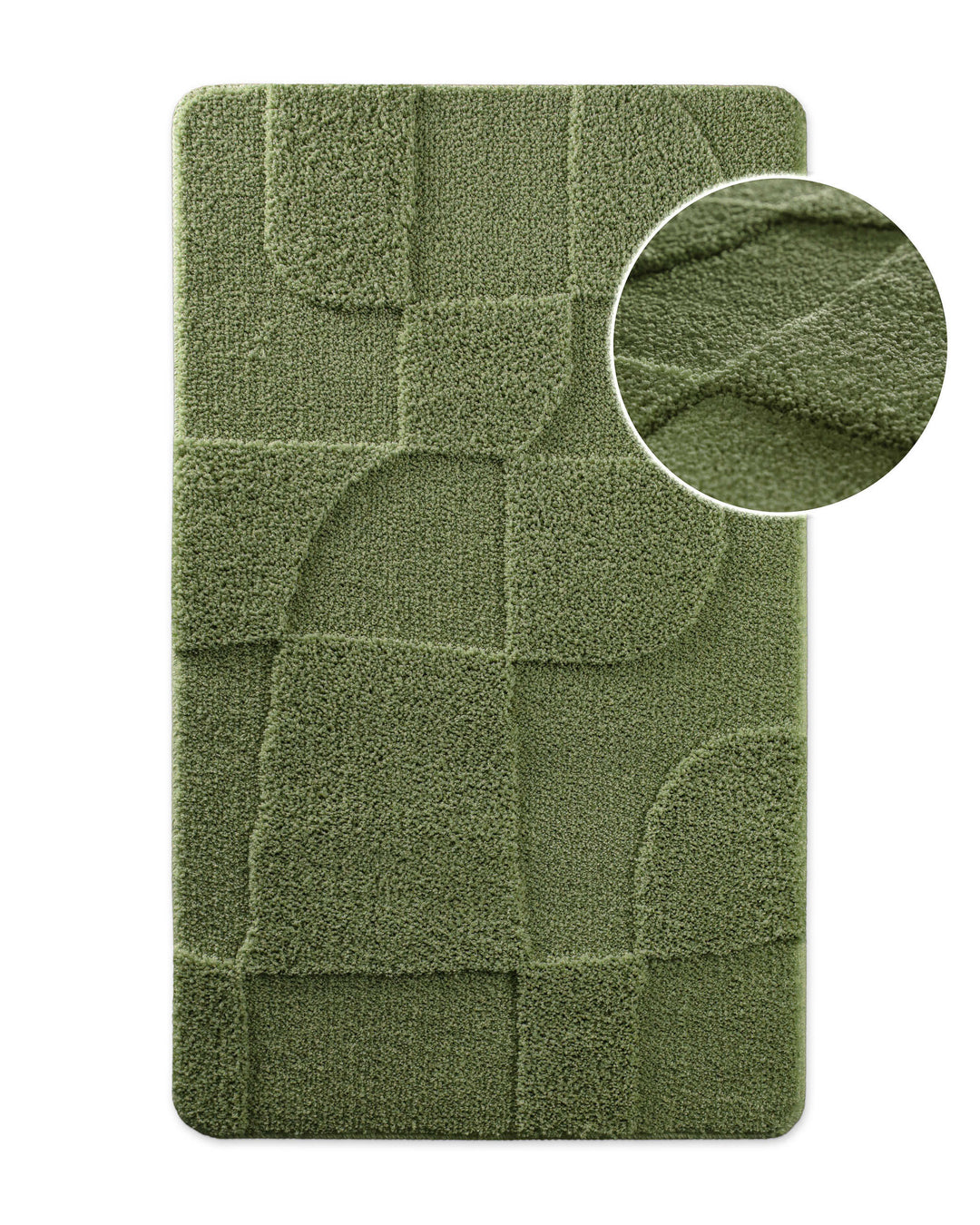 Badteppich von BathKing by WECONhome Davie Grün, Draufsicht mit Detailkreis der Florstruktur und eingeprägtem Muster auf weißem Hintergrund