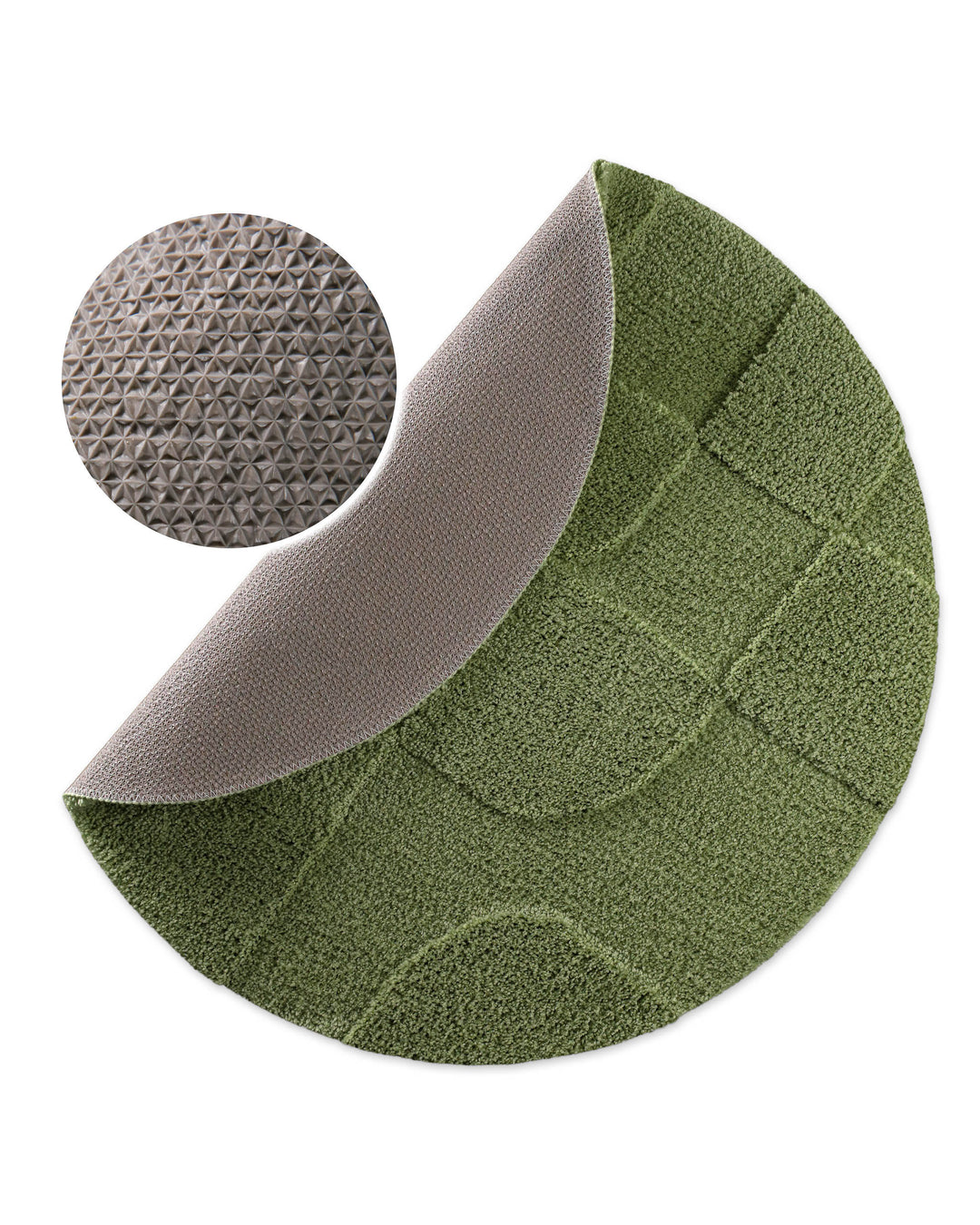 Badteppich Davie Reseda Grün rund, angehobene Ecke zeigt Reseda Grüne Rückseite mit rutschhemmender Beschichtung