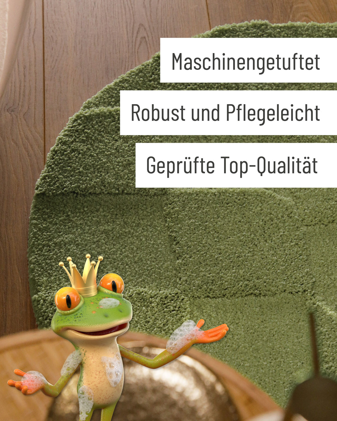 Badteppich Davie Reseda Grün rund Detail der Teppichkante mit Hinweisen zu maschinengetufteter Verarbeitung