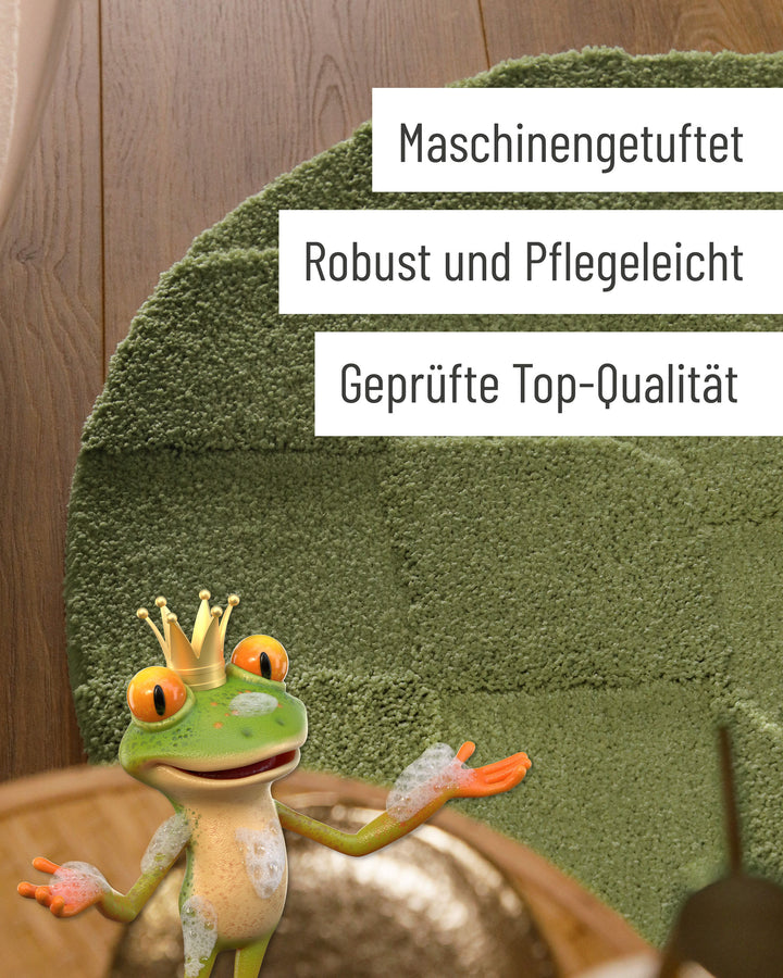 Badteppich Davie Reseda Grün rund Detail der Teppichkante mit Hinweisen zu maschinengetufteter Verarbeitung