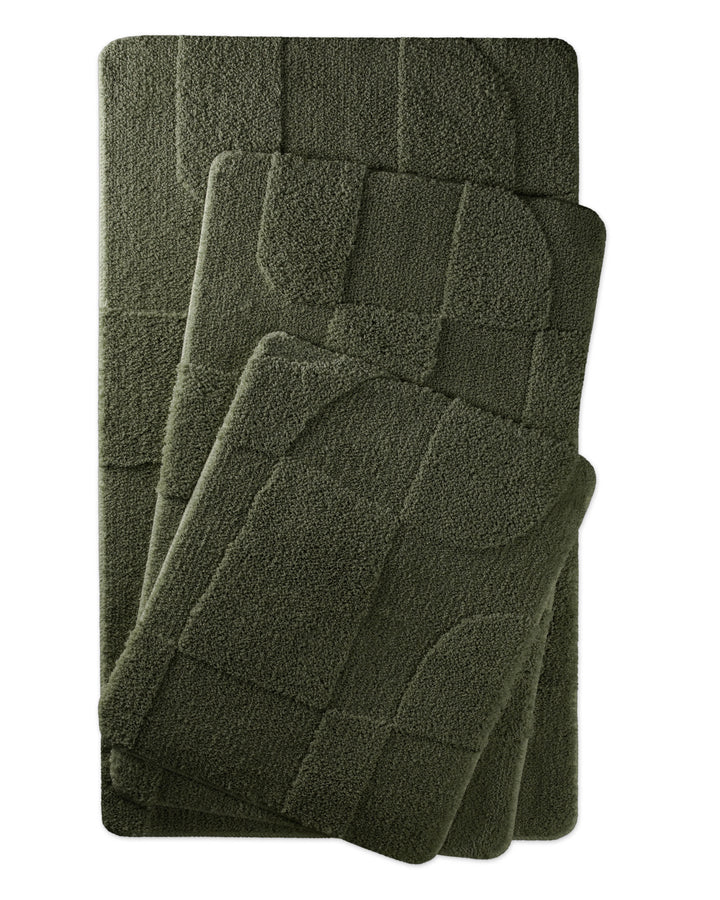 Badteppich Davie Kiefer Grün zwei rechteckige Matten übereinander gelegt, Draufsicht mit geometrischem Reliefmuster