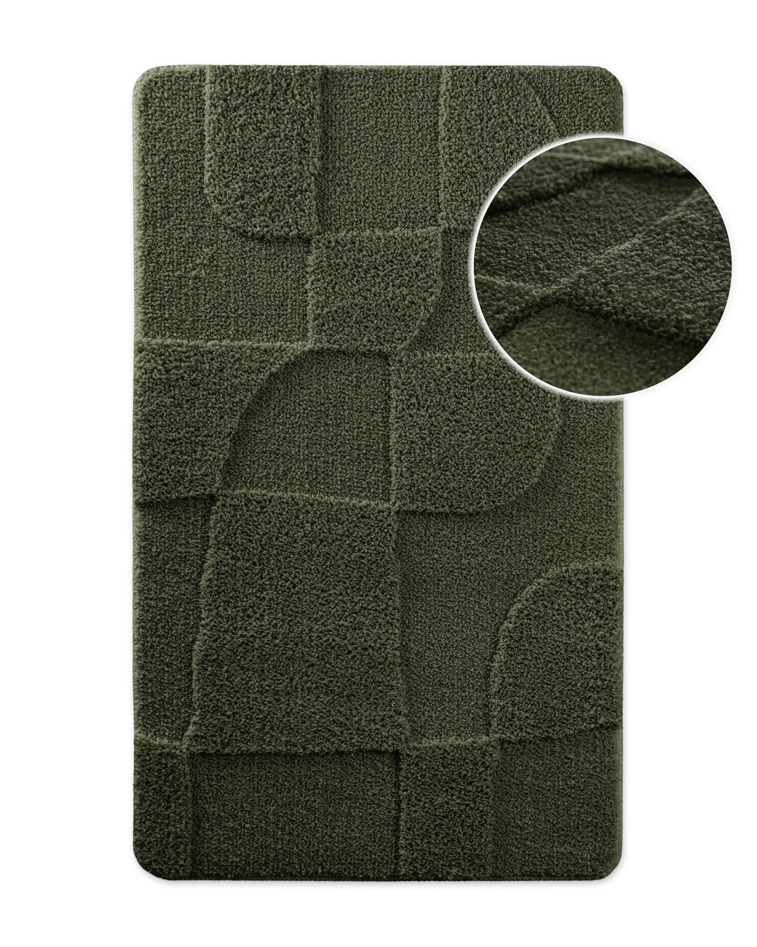 Badteppich von BathKing by WECONhome Davie Dunkelgrün, Draufsicht mit Detailkreis der Florstruktur und eingeprägtem Muster auf weißem Hintergrund