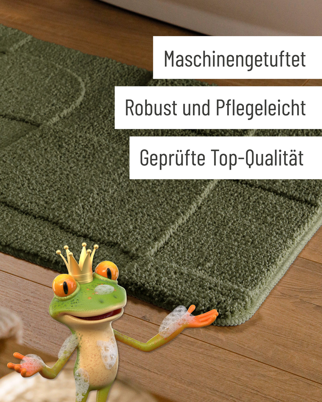 Badteppich Davie Kiefer Grün Detail der Teppichkante auf Holzfußboden, eingeblendete Hinweise zu Verarbeitung und Pflege