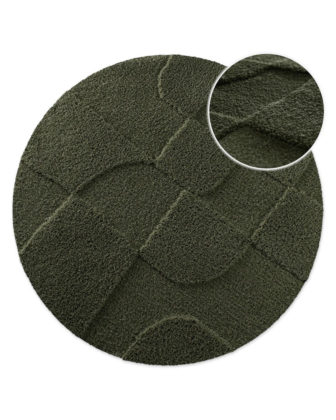 Badteppich Davie Kiefer Grün rund, Draufsicht mit Detailkreis der Florstruktur und eingeprägtem Linienmuster auf hellem Hintergrund