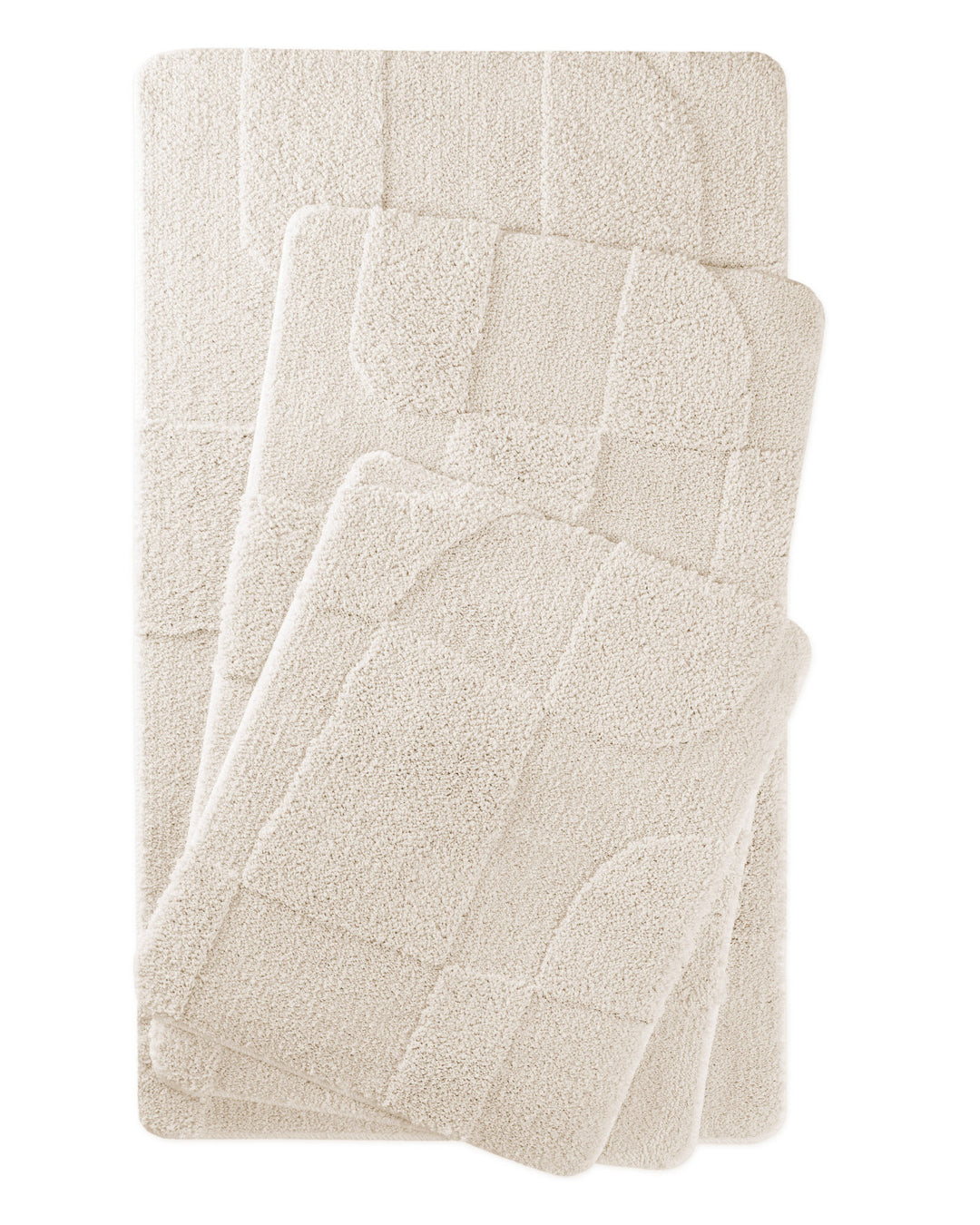 Badteppich Davie Creme Weiß zwei rechteckige Matten übereinander gelegt, Draufsicht mit geometrischem Reliefmuster