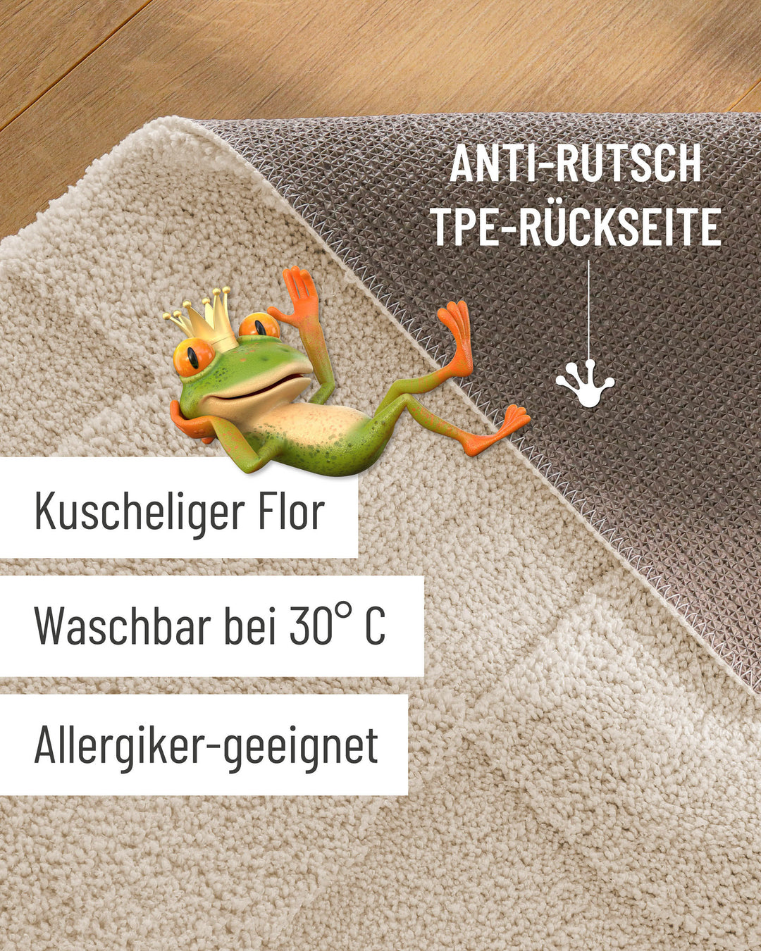 Badteppich Davie Creme Weiß Detailaufnahme Flor auf Holzfußboden, eingeblendete Hinweise zu rutschhemmender Rückseite und Waschbarkeit