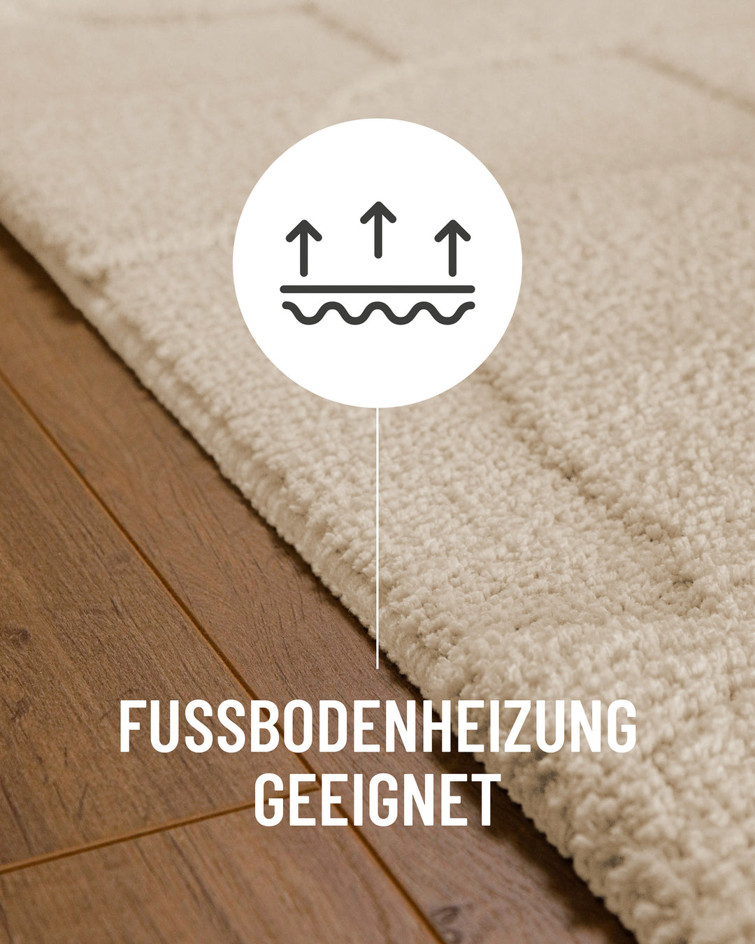 Badteppich Davie Creme Weiß Detail auf Holzfußboden mit Symbol für Fußbodenheizung, Nahaufnahme von Flor und Teppichkante