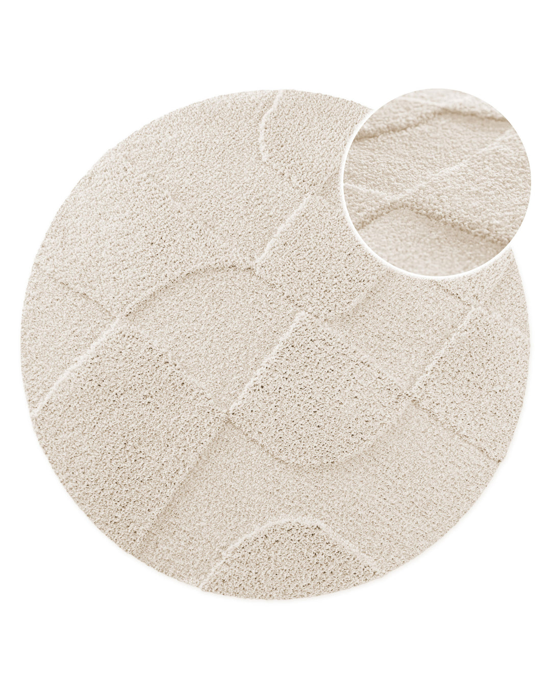 Badteppich Davie Creme Weiß rund, Draufsicht mit Detailkreis der Florstruktur und eingeprägtem Linienmuster auf hellem Hintergrund