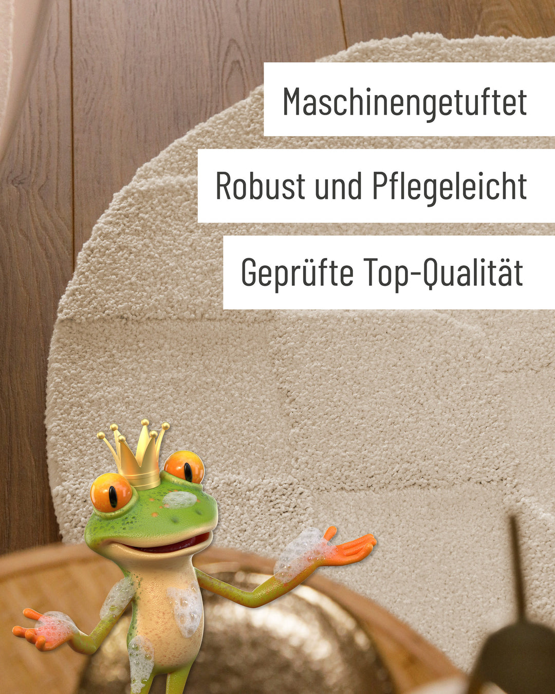 Badteppich Davie Creme Weiß rund Detail der Teppichkante mit Hinweisen zu maschinengetufteter Verarbeitung