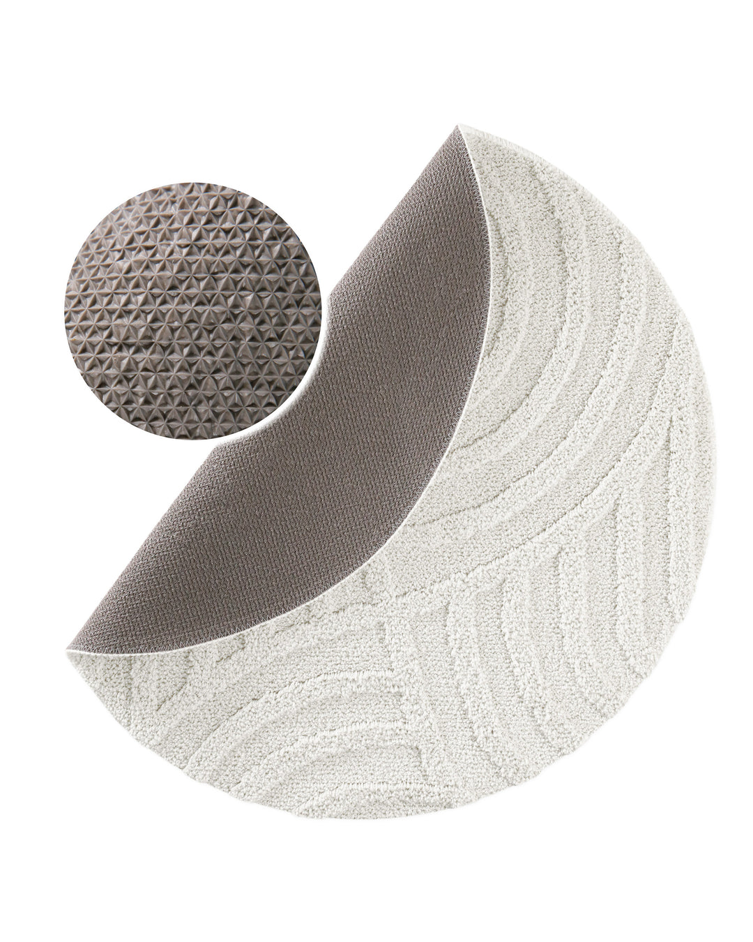 Badteppich Fiete Weiß rund, angehobene Ecke zeigt graue Rückseite mit rutschhemmender Beschichtung