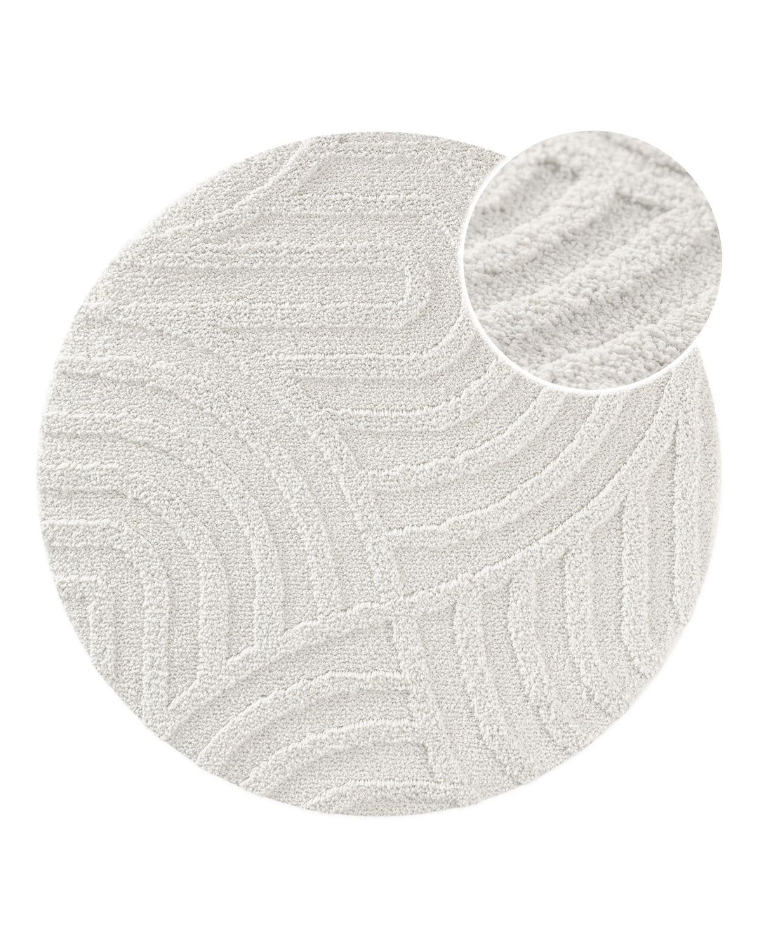 Badteppich Fiete Weiß rund, Draufsicht mit Detailkreis der Florstruktur und eingeprägtem Linienmuster auf hellem Hintergrund