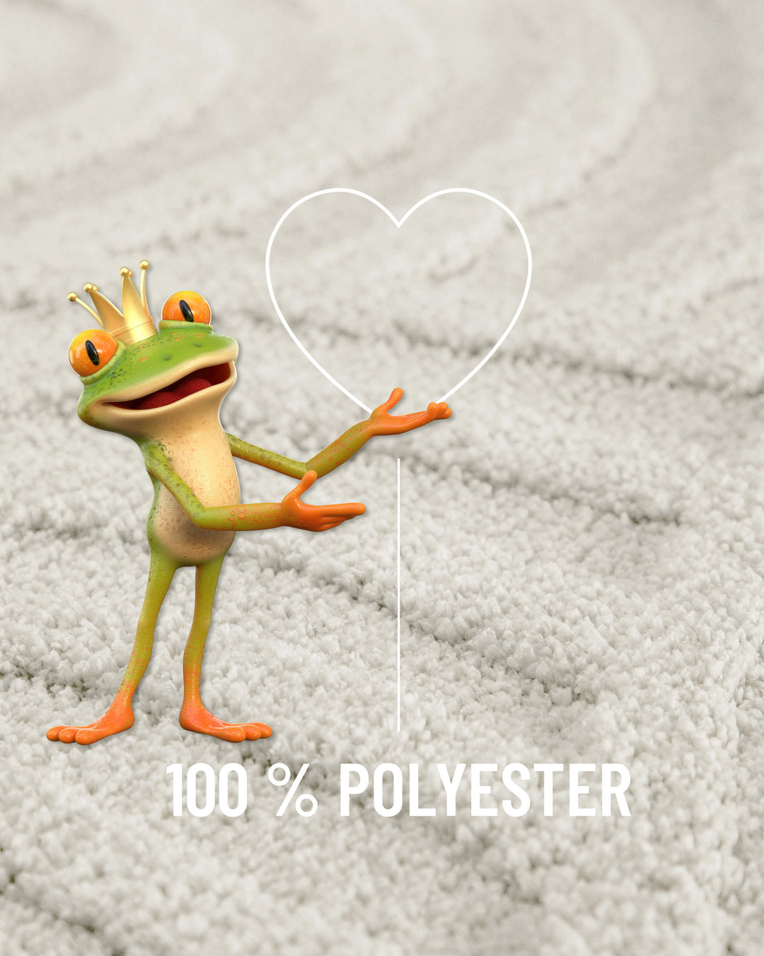 Badteppich Fiete Weiß Nahaufnahme des Flors mit eingeblendeter Materialangabe 100 Prozent Polyester