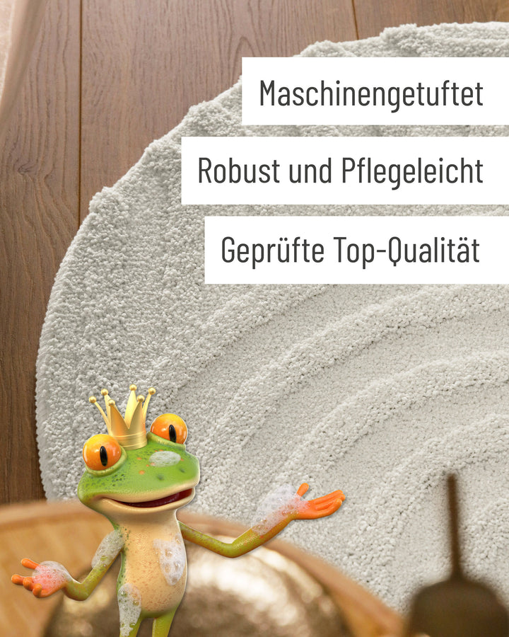 Badteppich Fiete Weiß rund Detail der Teppichkante mit Hinweisen zu maschinengetufteter Verarbeitung