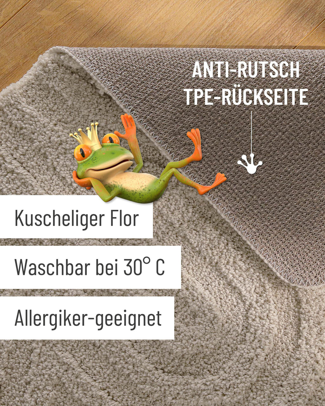 Badteppich Fiete Grau Detailaufnahme Flor auf Holzfußboden, eingeblendete Hinweise zu rutschhemmender Rückseite und Waschbarkeit