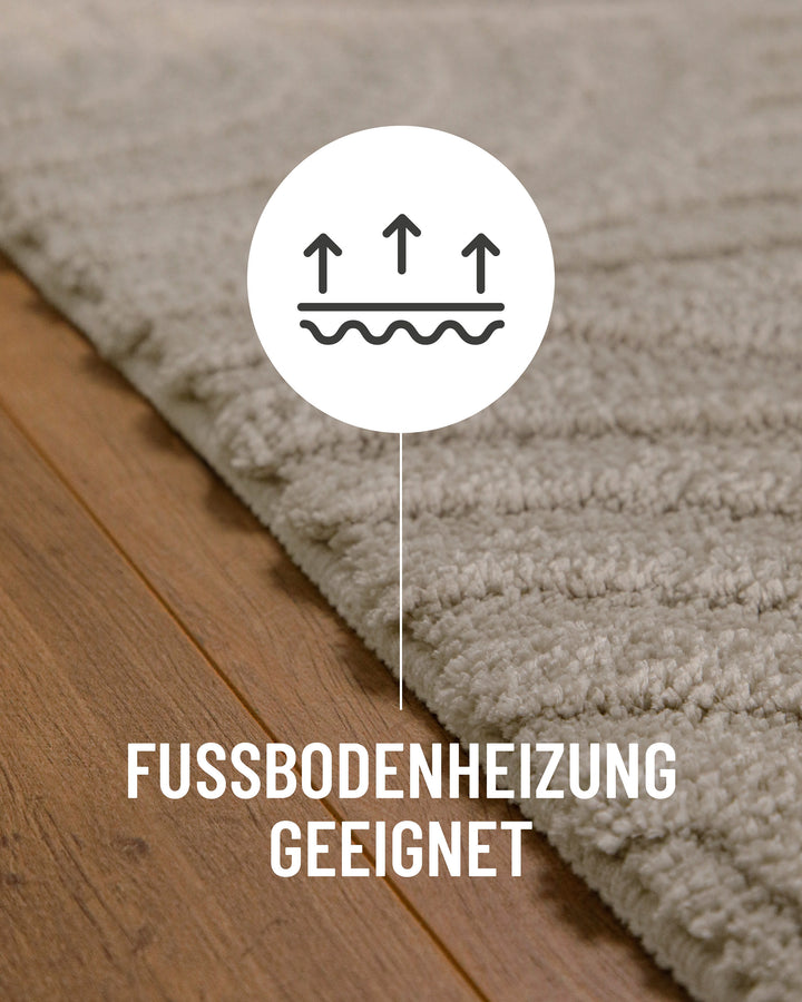 Badteppich Fiete Grau Detail auf Holzfußboden mit Symbol für Fußbodenheizung, Nahaufnahme von Flor und Teppichkante