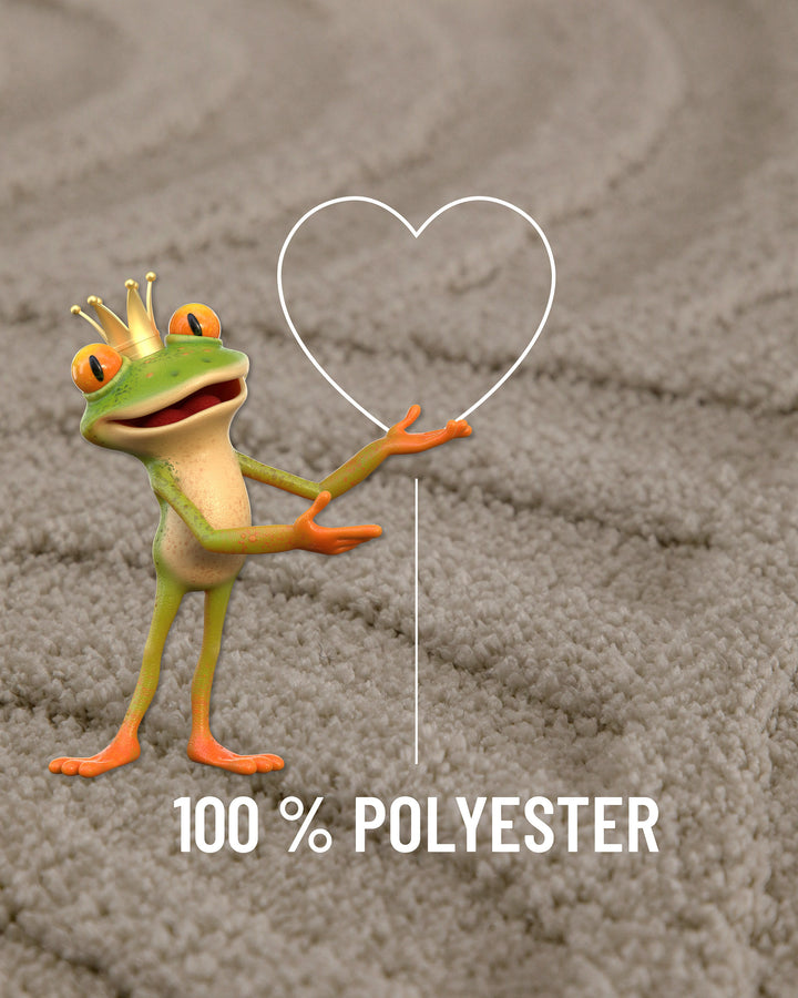 Badteppich Fiete Grau Detailaufnahme Flor mit Einblendung Materialhinweis 100 Prozent Polyester