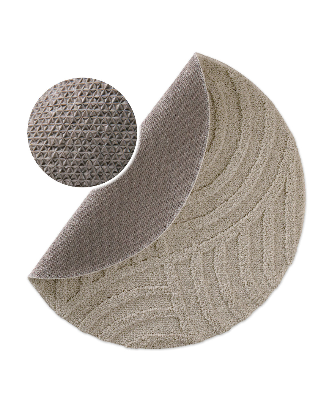 Badteppich Fiete Grau rund, angehobene Ecke zeigt graue Rückseite mit rutschhemmender Beschichtung