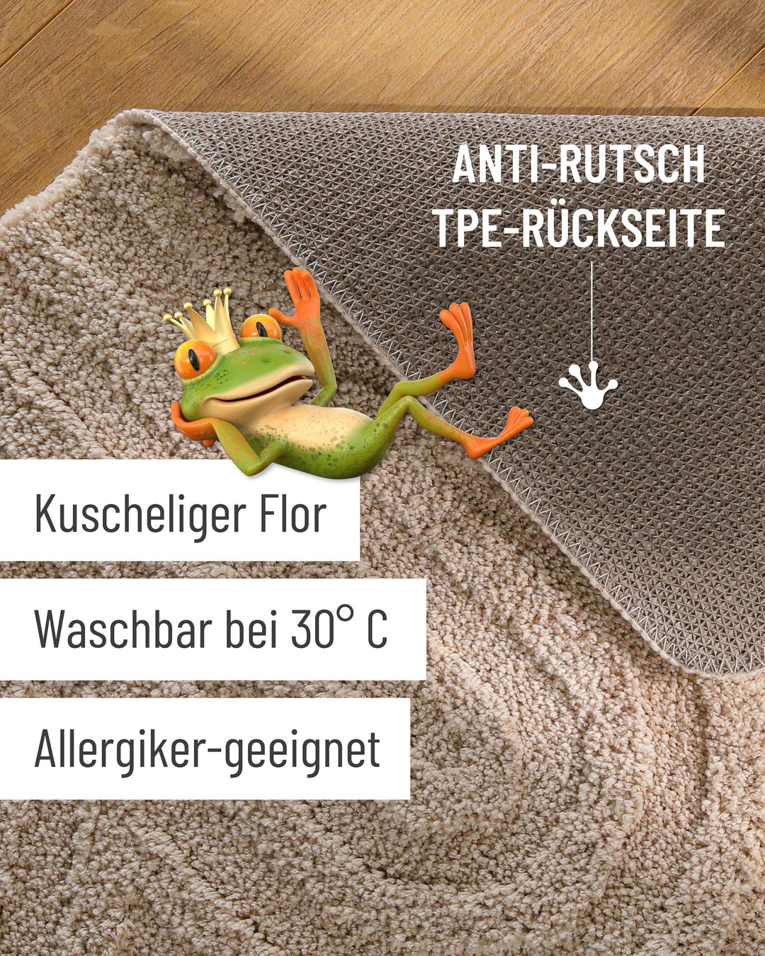 Badteppich Fiete Sand Beige Detailaufnahme Flor auf Holzfußboden, eingeblendete Hinweise zu rutschhemmender Rückseite und Waschbarkeit