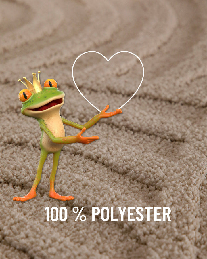 Badteppich Fiete Sand Beige Detailaufnahme Flor mit Einblendung Materialhinweis 100 Prozent Polyester