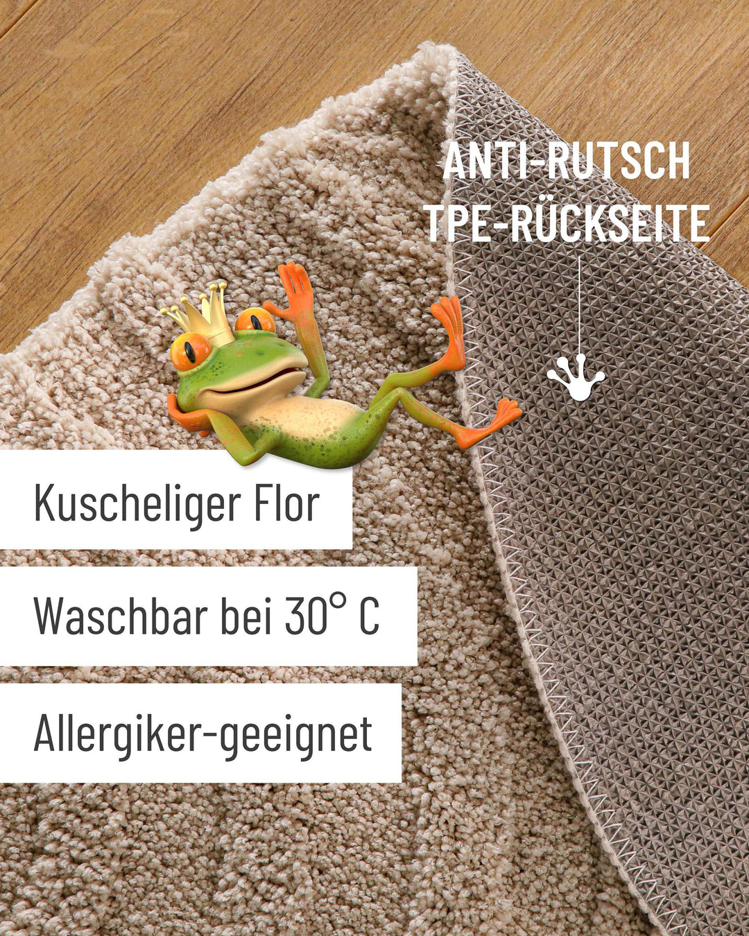 Badteppich Fiete Sand Beige rund, angehobene Ecke zeigt Sand Beigee Rückseite mit rutschhemmender Beschichtung