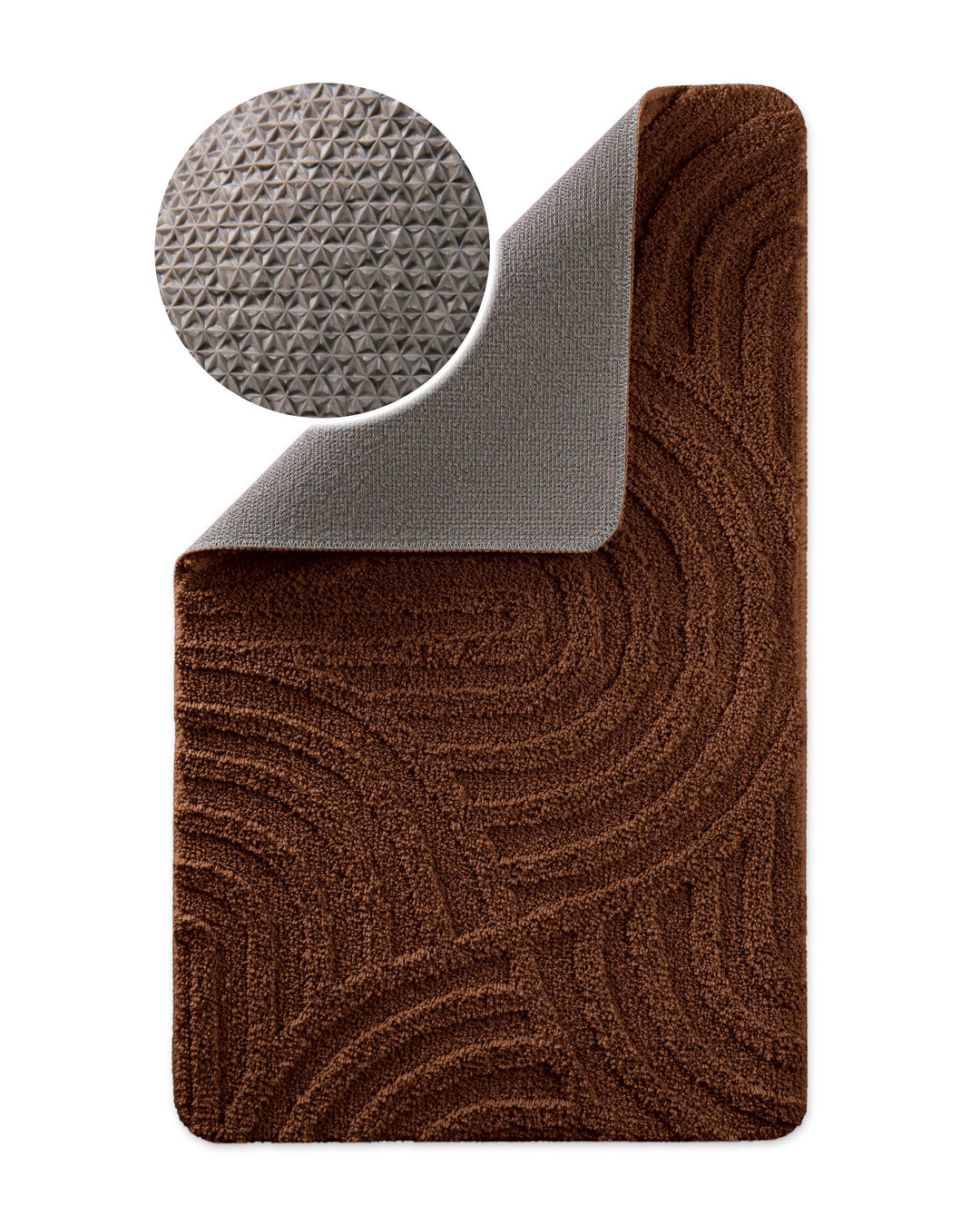 Badteppich Fiete Braun Ecke hochgeklappt, runde Probe zeigt Braune Rückseite mit rutschhemmender Beschichtung