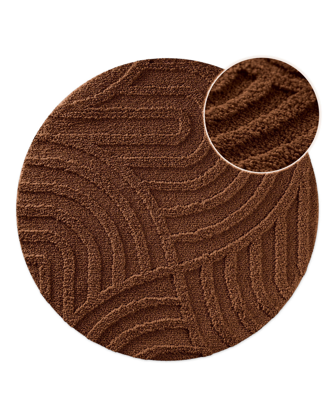 Badteppich Fiete Braun rund, Draufsicht mit Detailkreis der Florstruktur und eingeprägtem Linienmuster auf hellem Hintergrund