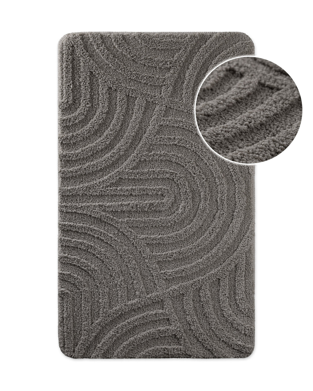 Badteppich von BathKing by WECONhome Fiete Grau, Draufsicht mit Detailkreis der Florstruktur und eingeprägtem Linienmuster auf weißem Hintergrund