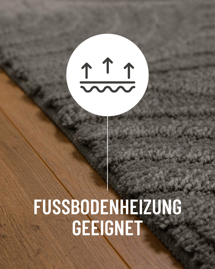 Badteppich Fiete Basalt Grau Detail auf Holzfußboden mit Symbol für Fußbodenheizung, Nahaufnahme von Flor und Teppichkante