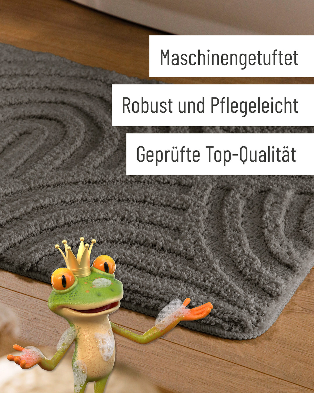 Badteppich Fiete Basalt Grau Detail der Teppichkante auf Holzfußboden, eingeblendete Hinweise zu Verarbeitung und Pflege