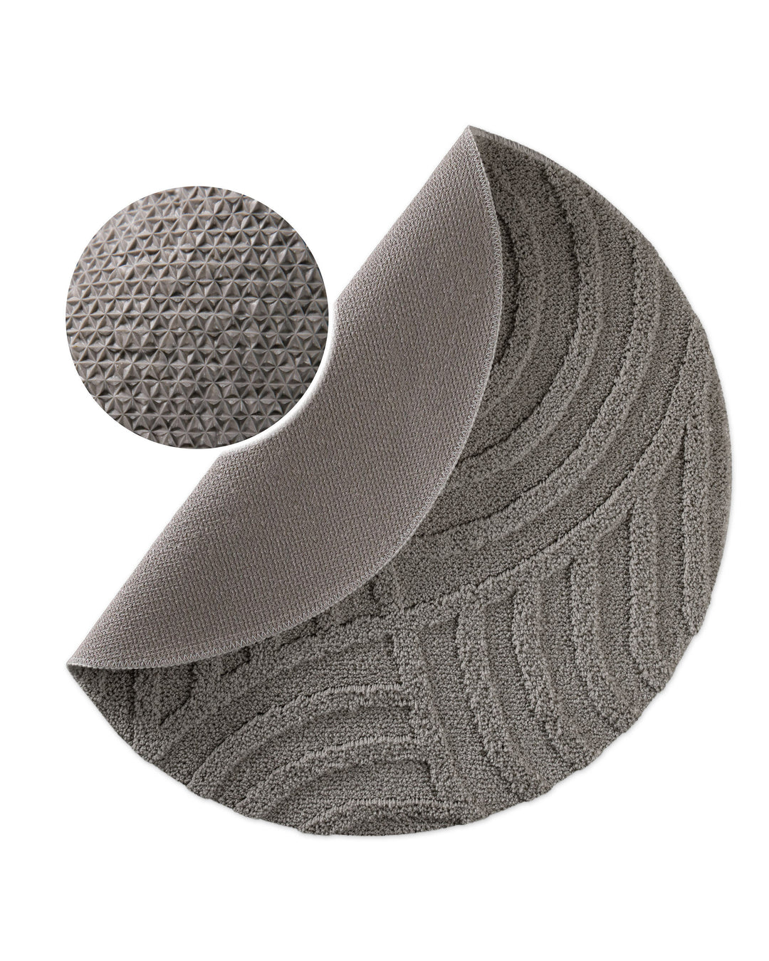 Badteppich Fiete Basalt Grau rund, angehobene Ecke zeigt Basalt Graue Rückseite mit rutschhemmender Beschichtung