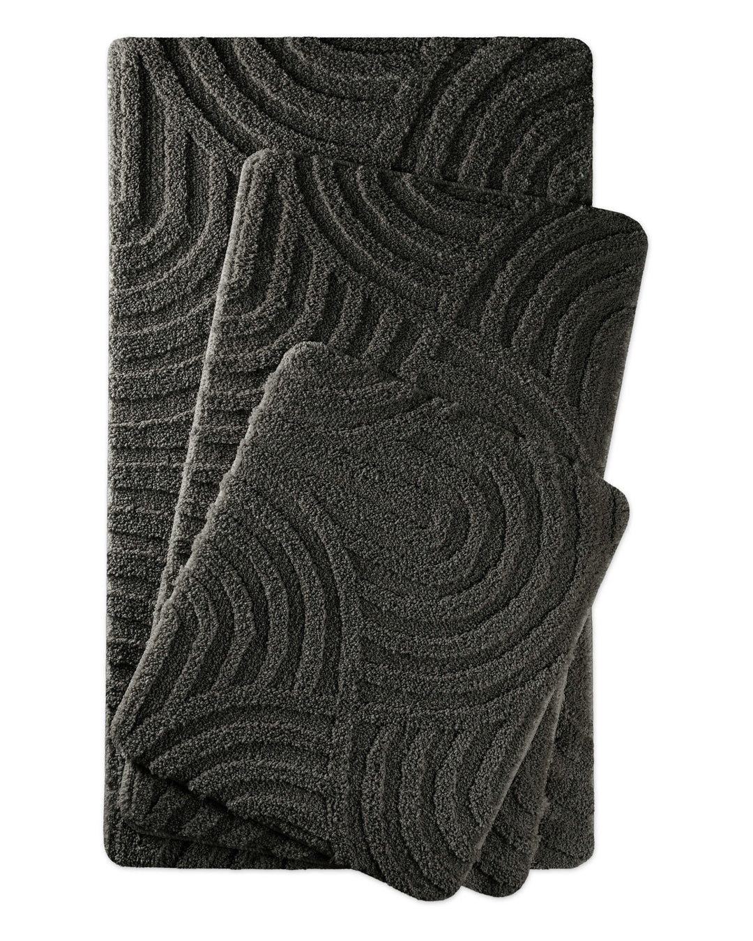 Badteppich Fiete Anthrazit Grau zwei rechteckige Matten übereinander gelegt, Draufsicht mit geometrischem Reliefmuster