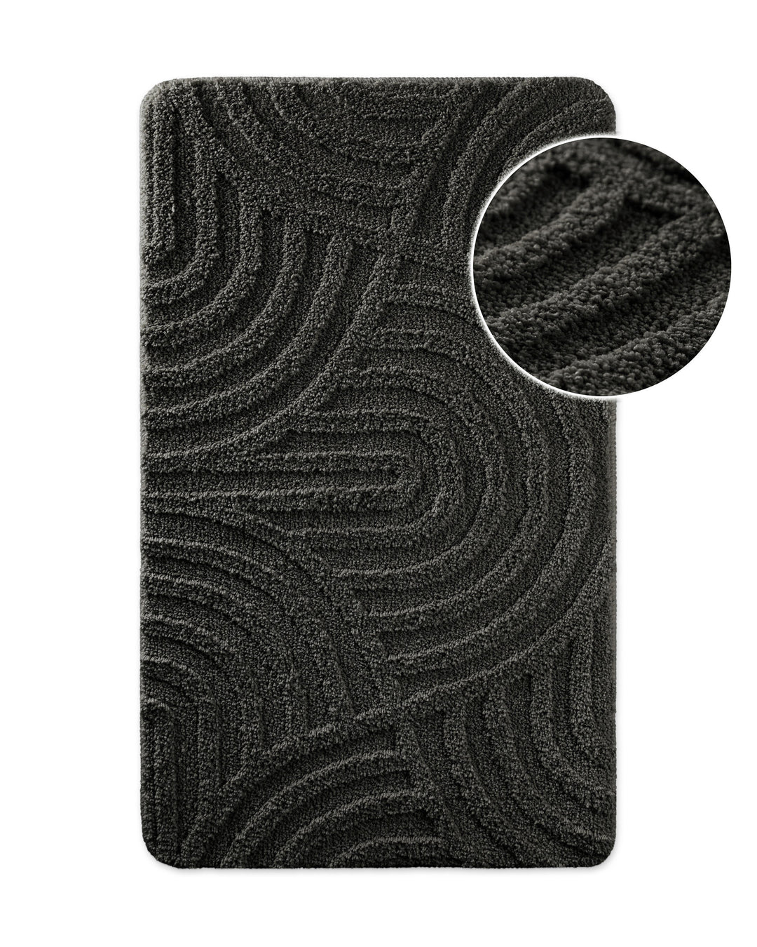 Badteppich von BathKing by WECONhome Fiete Dunkelgrau, Draufsicht mit Detailkreis der Florstruktur und eingeprägtem Linienmuster auf weißem Hintergrund