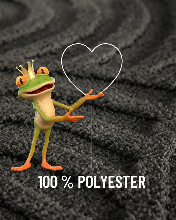 Badteppich Fiete Anthrazit Grau Detailaufnahme Flor mit Einblendung Materialhinweis 100 Prozent Polyester