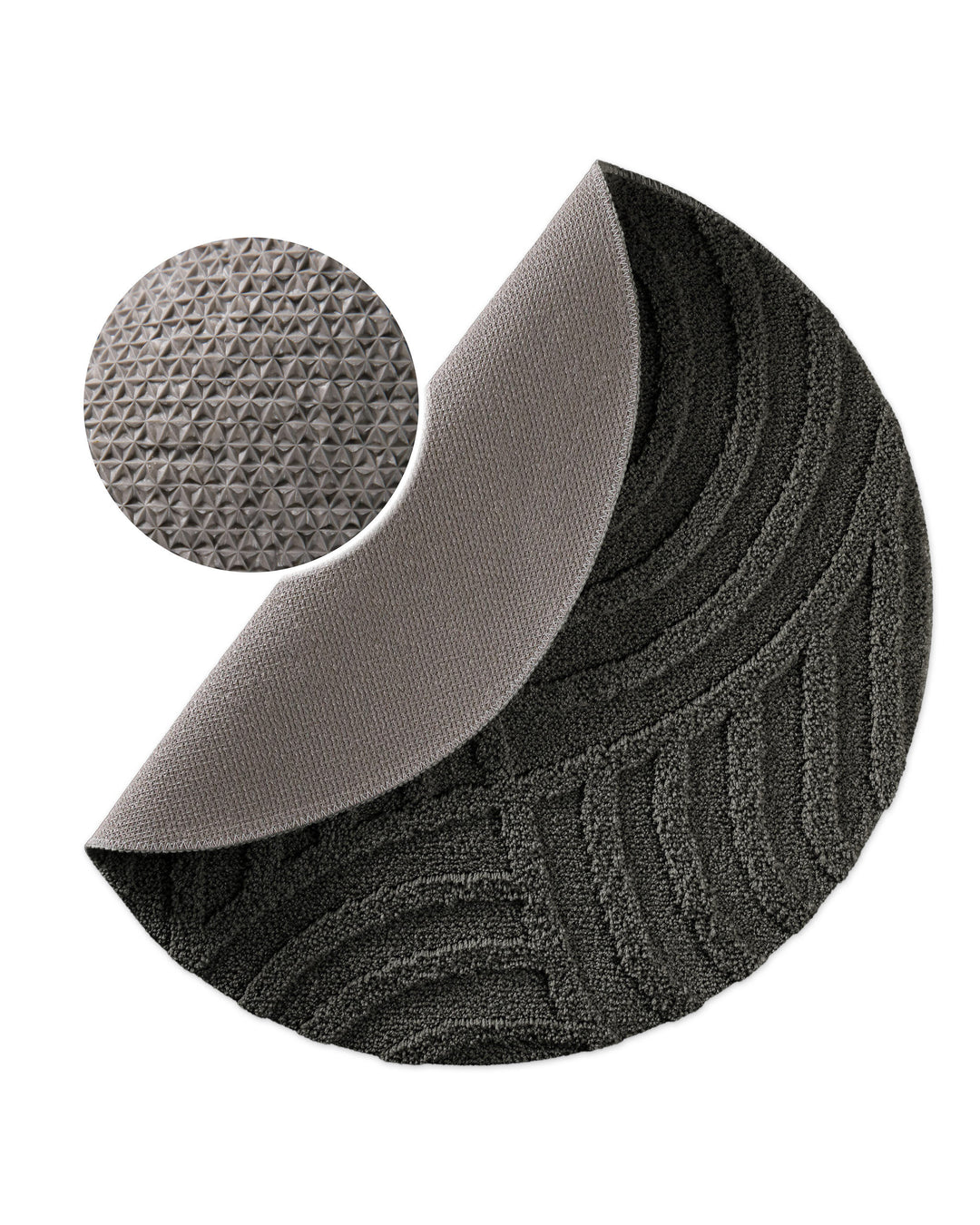 Badteppich Fiete Anthrazit Grau rund, angehobene Ecke zeigt Anthrazit Graue Rückseite mit rutschhemmender Beschichtung
