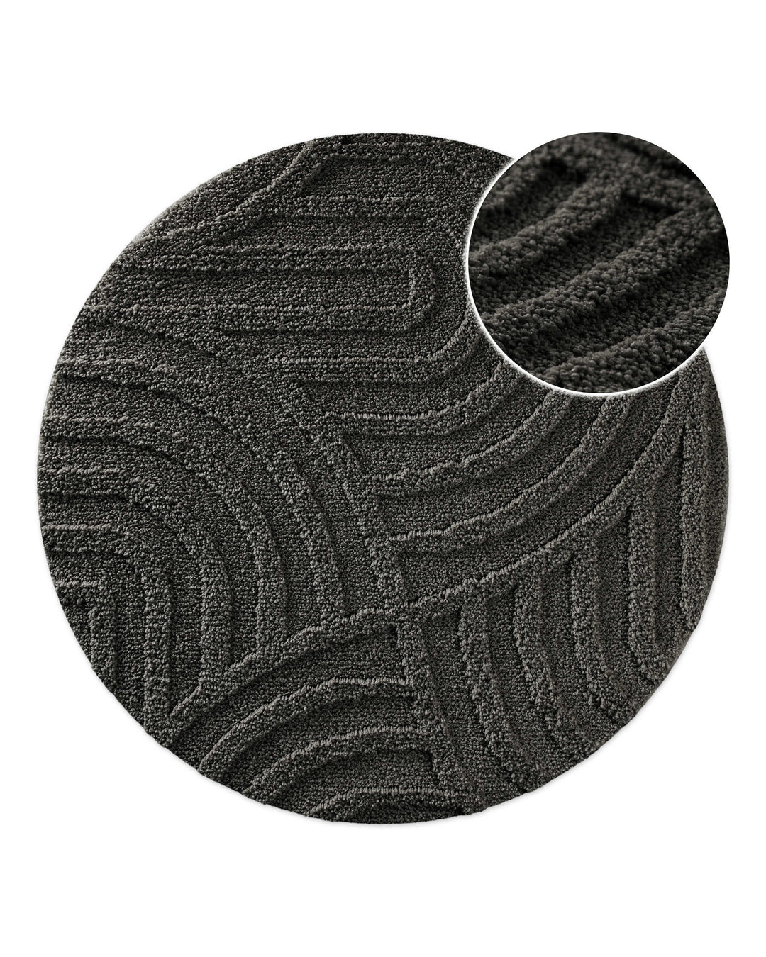 Badteppich Fiete Anthrazit Grau rund, Draufsicht mit Detailkreis der Florstruktur und eingeprägtem Linienmuster auf hellem Hintergrund