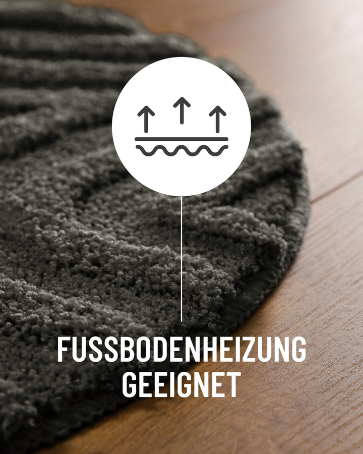 Badteppich Fiete Anthrazit Grau Detail der Teppichkante auf Holzboden, Symbol weist auf Eignung für Fußbodenheizung hin