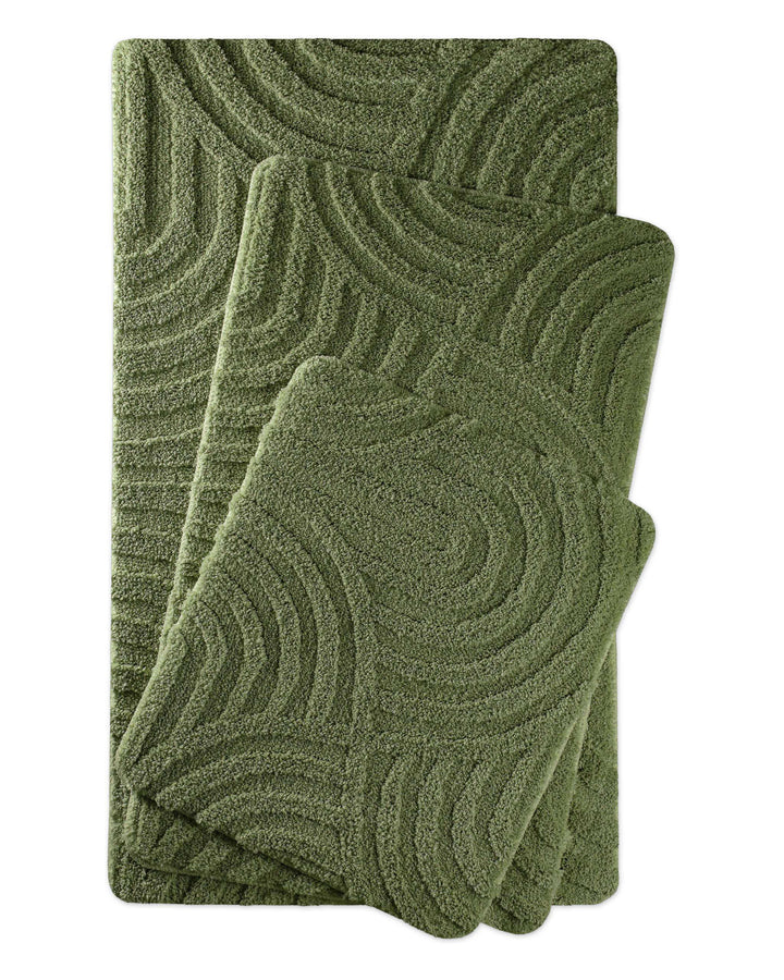 Badteppich Fiete Reseda Grün zwei rechteckige Matten übereinander gelegt, Draufsicht mit geometrischem Reliefmuster