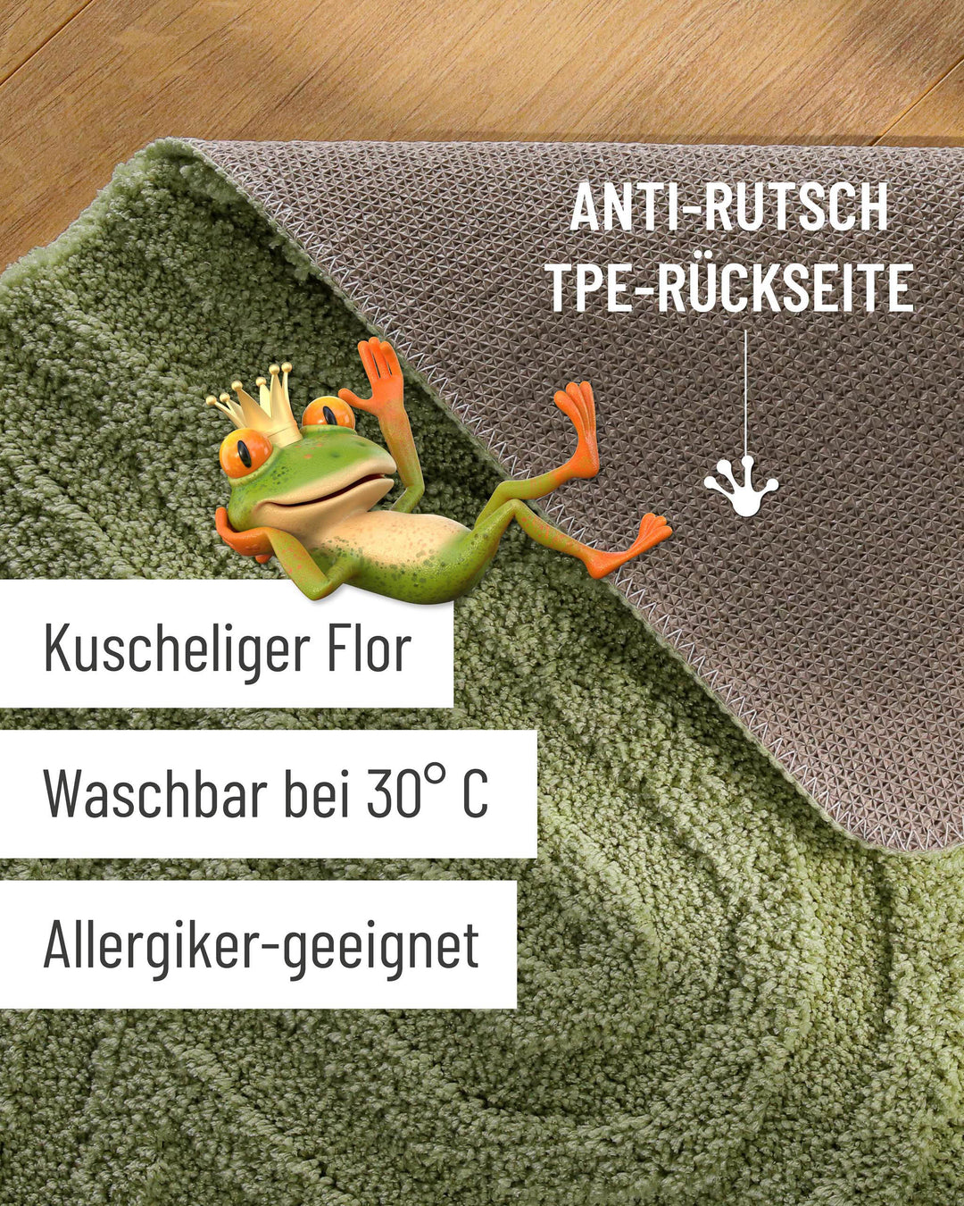 Badteppich Fiete Reseda Grün Detailaufnahme Flor auf Holzfußboden, eingeblendete Hinweise zu rutschhemmender Rückseite und Waschbarkeit