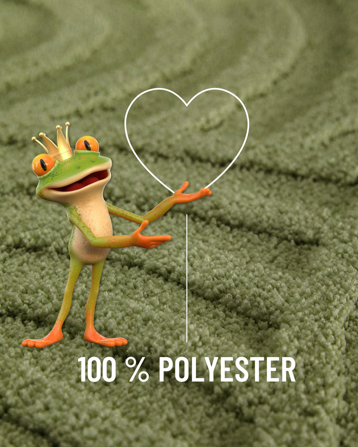 Badteppich Fiete Reseda Grün Detailaufnahme Flor mit Einblendung Materialhinweis 100 Prozent Polyester