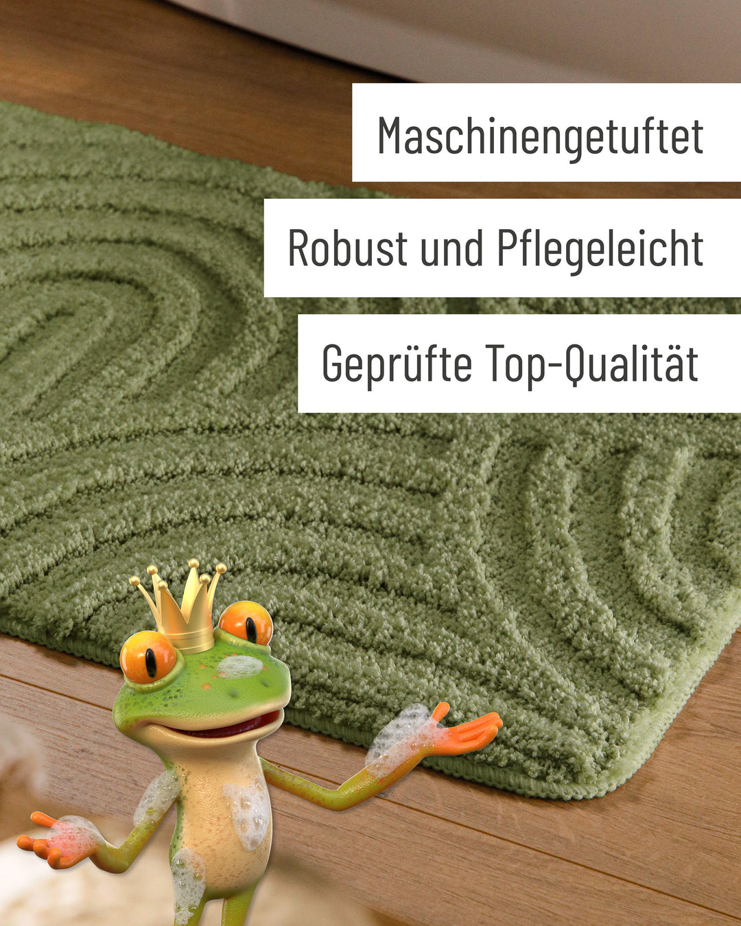 Badteppich Fiete Reseda Grün Detail der Teppichkante auf Holzfußboden, eingeblendete Hinweise zu Verarbeitung und Pflege